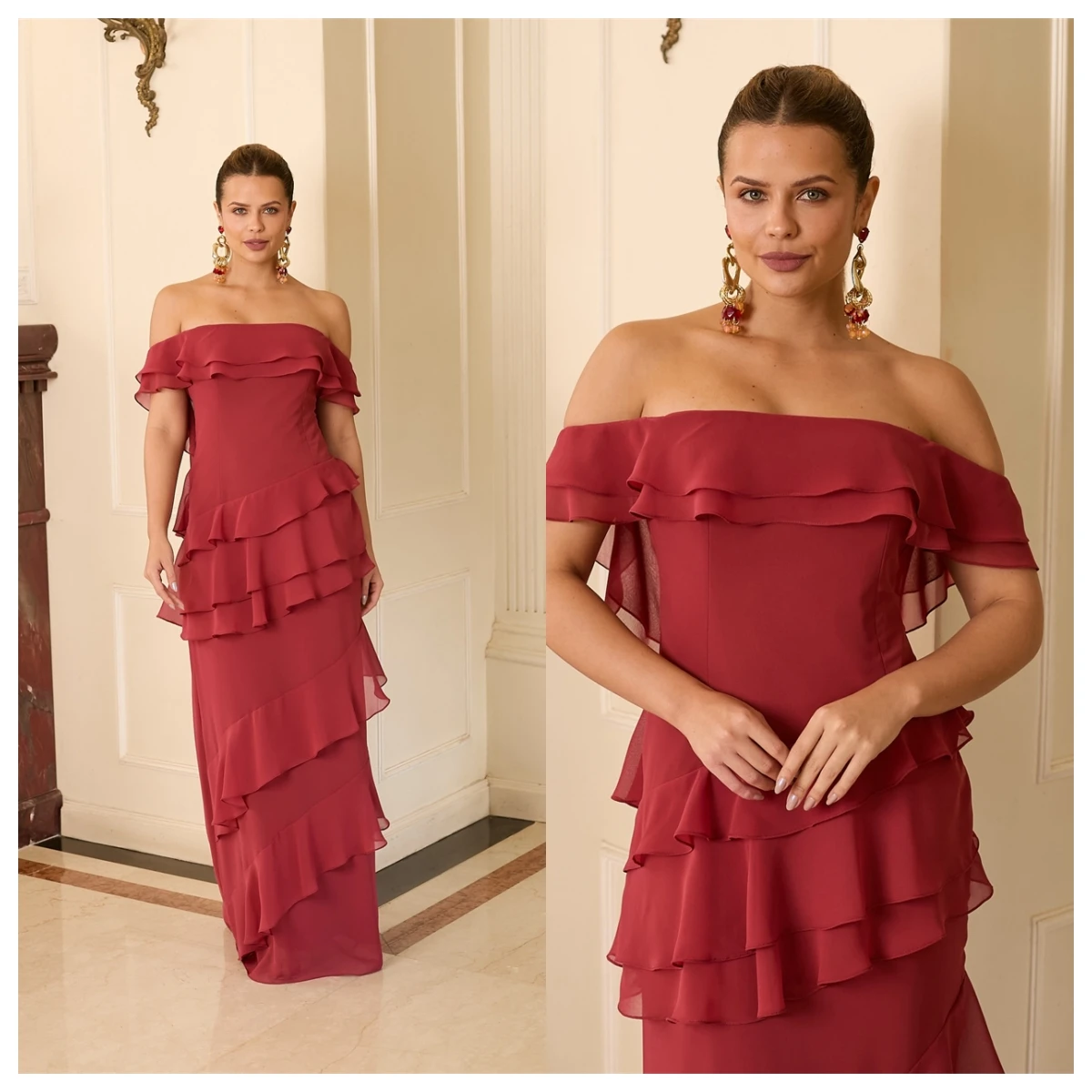 

Customized Classic Burgundy Chiffon Evening Dress Boat Neck Off the Shoulder Sleeveless Homecoming Dress Vestido De Festa