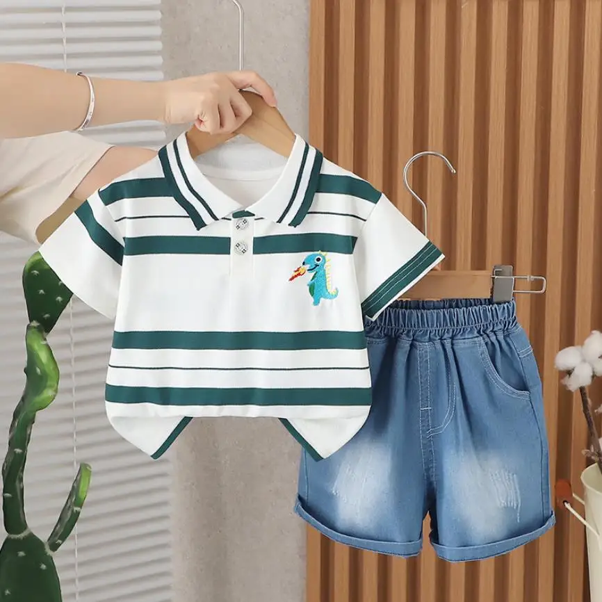 

Korean Style Boys Outfits Sets Summer Children Clothing Striped Dinosaur Embroidery Casual T-shirts And Shorts Toddler Tracksuit