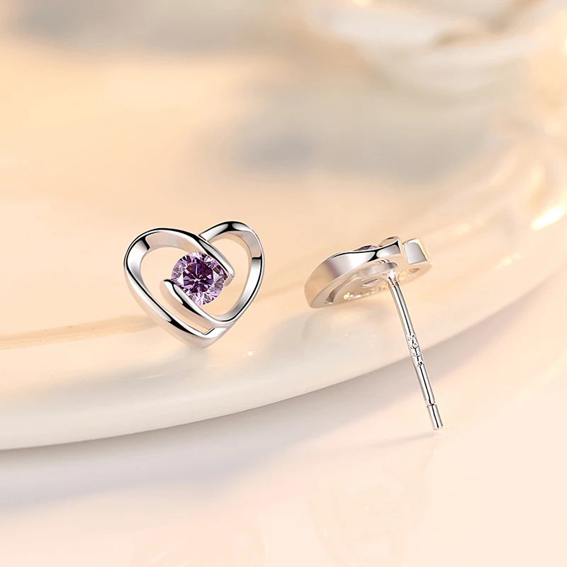 Pure 925 Sterling Silver Woman\'s Gift New Fashion Crystal Jewelry Heart Stud Earrings XY0288