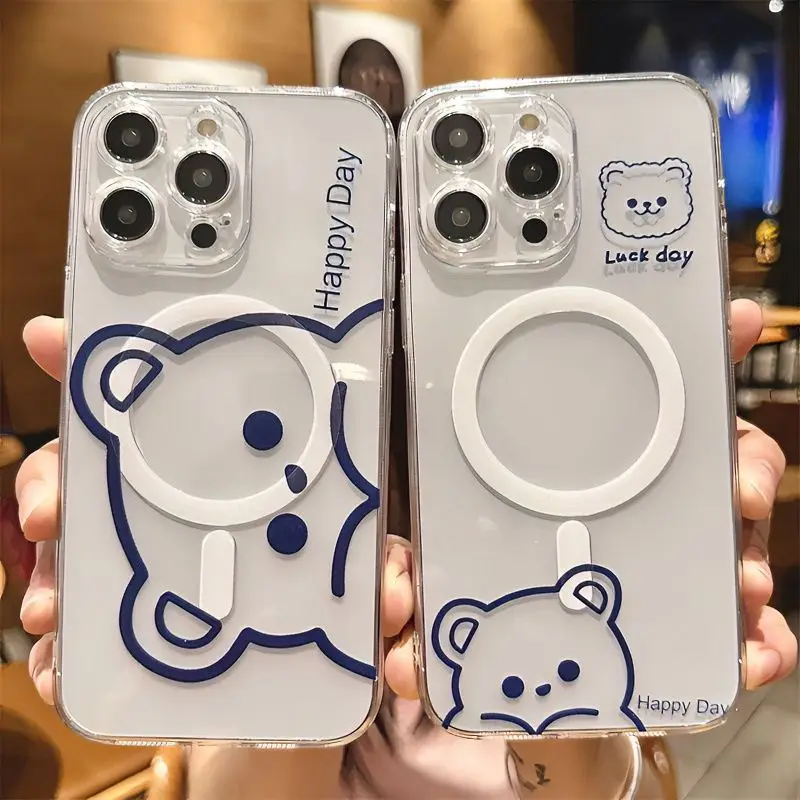 Cute Funny Line Bear Magsafe Magnetic Phone Case for Samsung Galaxy S25 S24 S23 S22 S21 S20 FE Plus Ultra 5G Soft Clear Cover