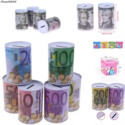 Hot! 1pc Euro Dollar Metal Cylinder Box Home Decoration Bank Saving Money Tin Piggy Bank Child Gifts
