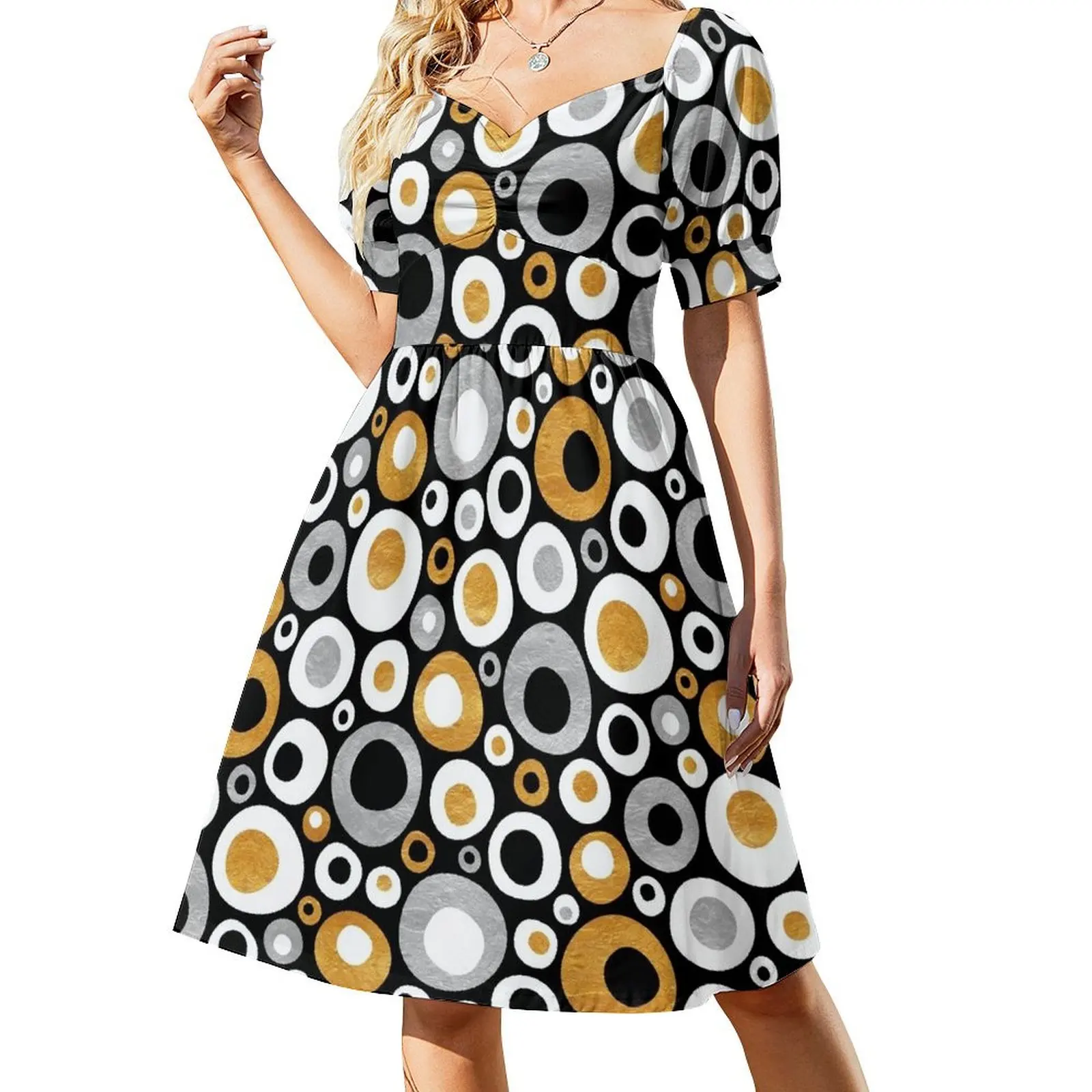 

Funky Mid Century Modern Circles - Gold, Silver, Black, White Short Sleeved Dress summer dresses for women 2025 Dress