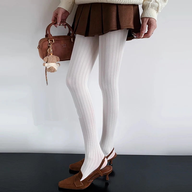 Women's Striped Leggings 2026 Autumn/winter Elastic Basic Pantyhose Solid Color Retro Super Elastic Tight Stockings Leggings
