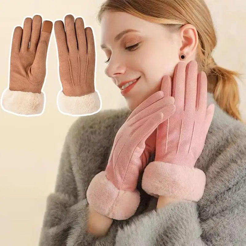 Guantes de esquí con pantalla táctil, guantes de ciclismo con protección contra el frío, guantes térmicos de lana gruesa de cuero PU para actividades al aire libre femeninas