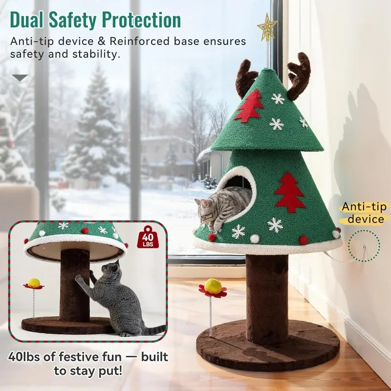 

47.2in Christmas Cat Tree for Indoor, Cat Tower Cute with Teaser Plaything, Climbing Furniture for Kittens to Play and Sleep
