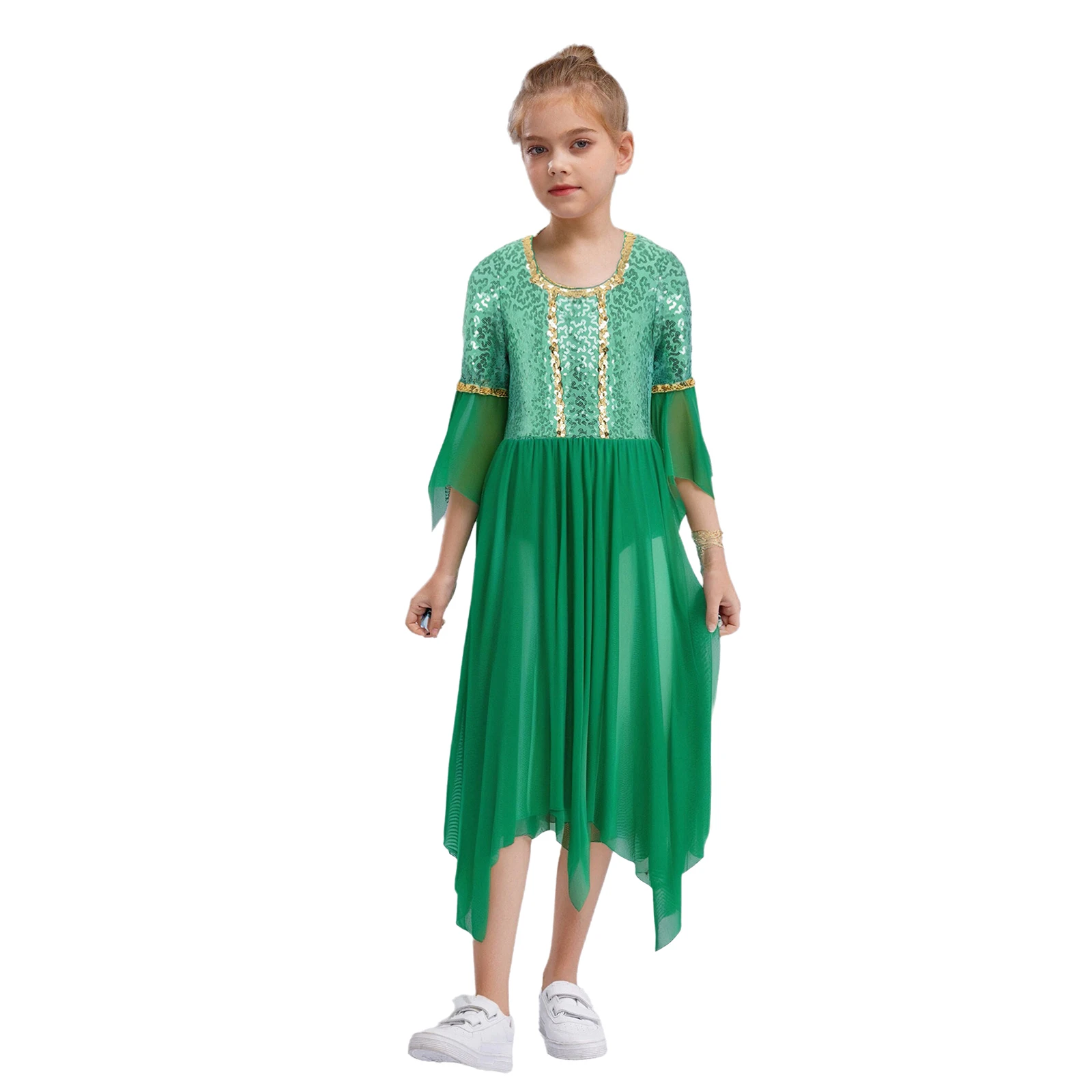 

Girls Elf Fairy Costume 3/4 Sleeve Sequins Tulle Dress Fancy Fairy Costume Princess Dress Halloween Dress Up Costume