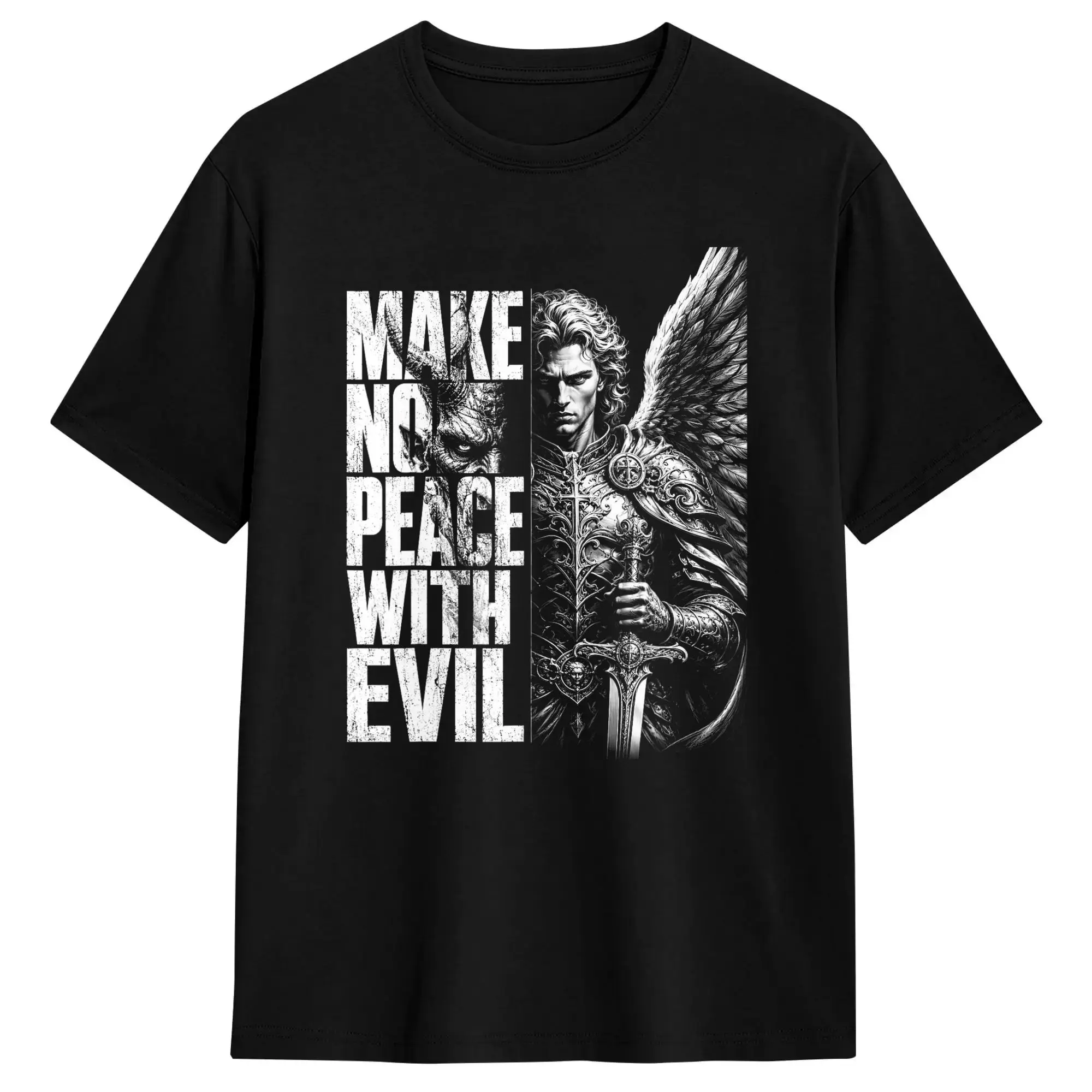 Make No Peace with Evil Saint Michael Archangel T Shirt Men's  100% Cotton Fashion T-Shirt Crewneck  Tee Shirt Short Sleeve Tops