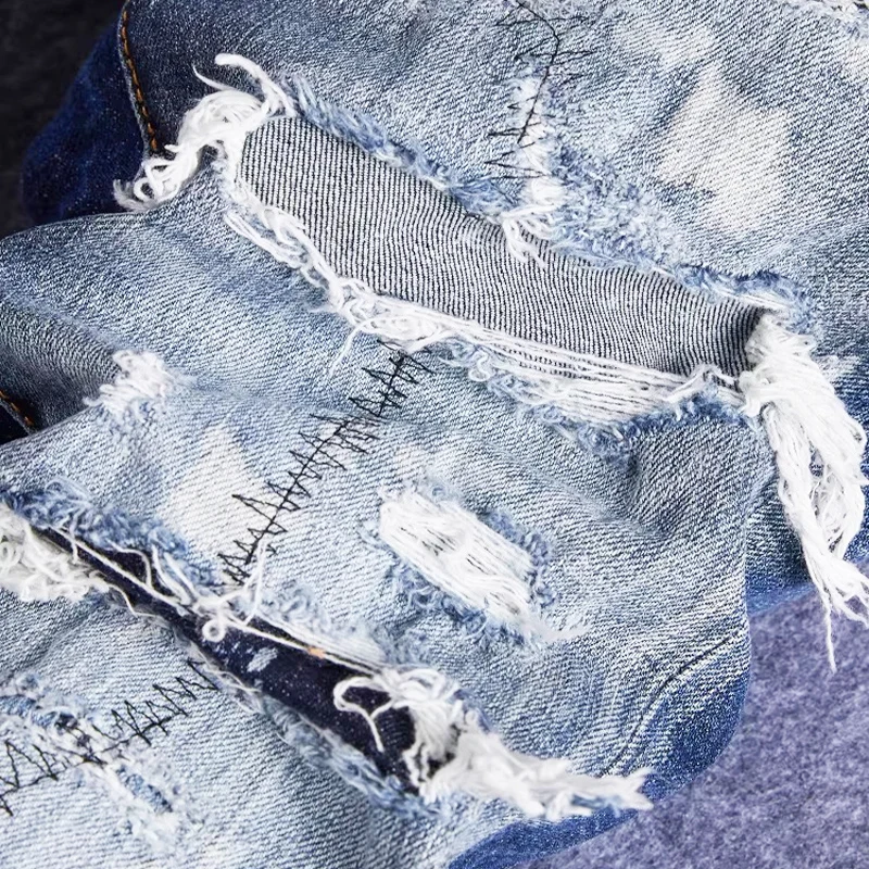 

Y2KFashionable new men's jeans blue bizarre graffiti gradient washed elastic tight jeans, high street hip-hop pants Y2K