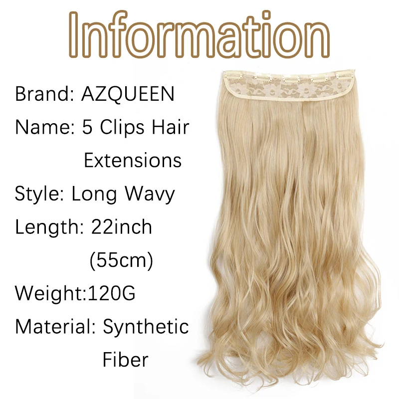 AZCalls EEN-Extensions de Cheveux Synthétiques Longs et Lisses pour Femme, Postiches à Clips, 5 Clips, 22 \