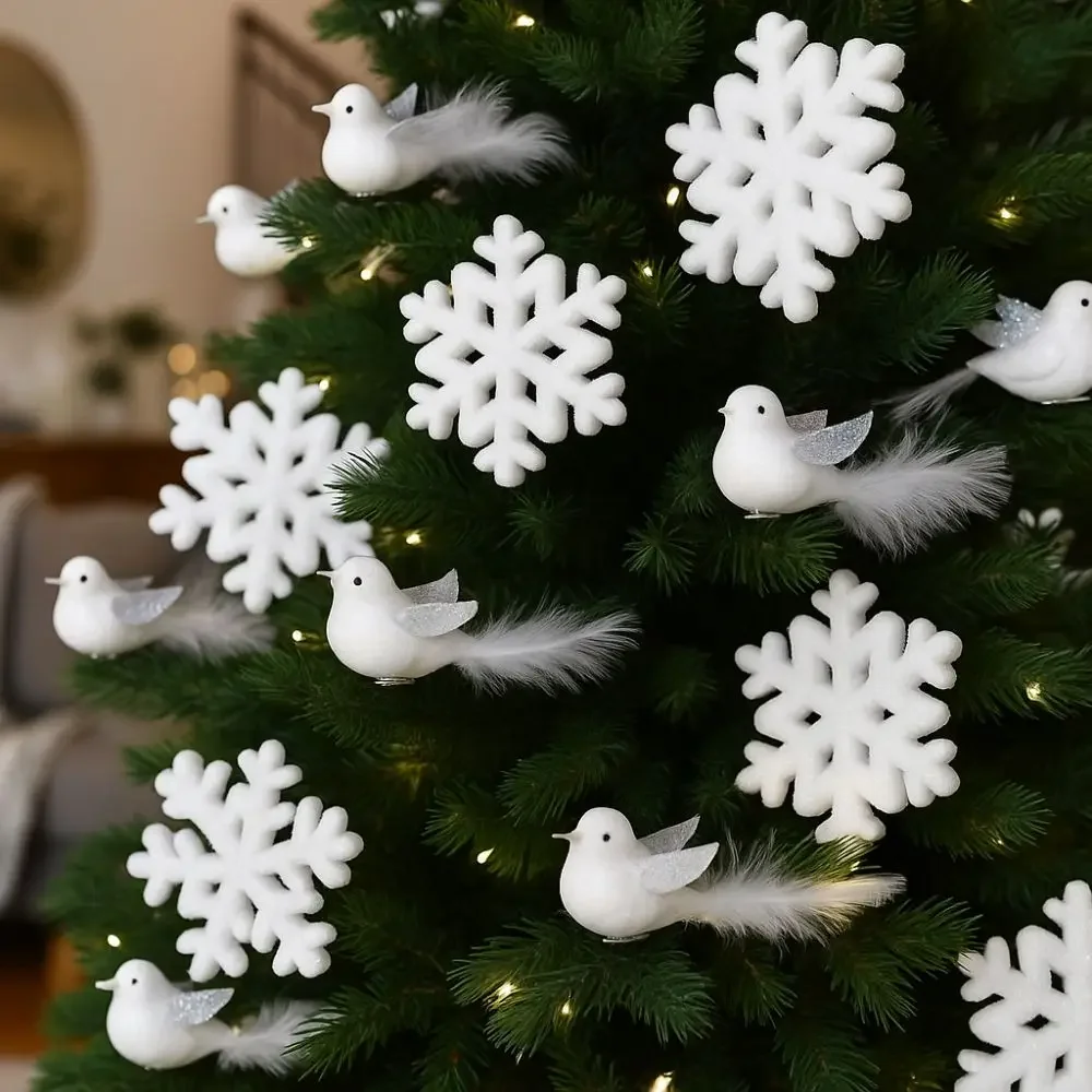 

White Christmas Tree Pendant Polar Bear Flocking Christmas Bear Ornaments Plush Animal Bird Squirrel Snowflake Hanging Pendant