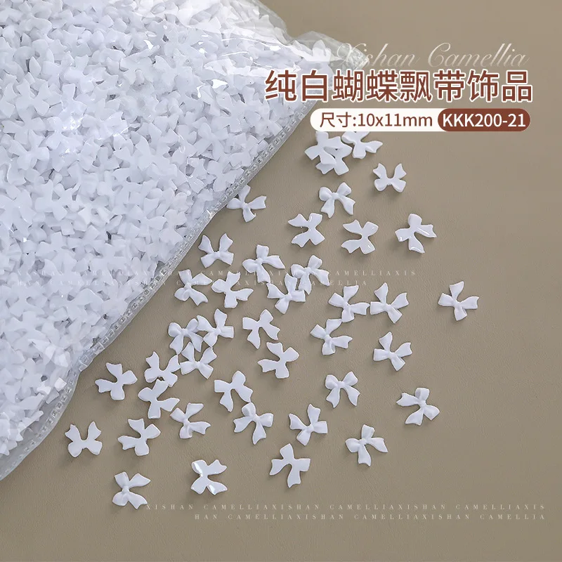 100pcs/Bag White Ribbon Resin Bow Nail Charms Parts 3D Butterfly Nail Art Decoration Accessories for DIY Manicure Korean Design