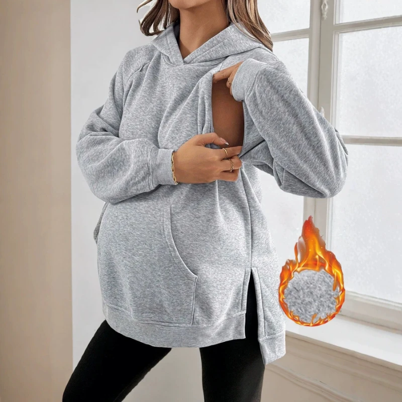 秋冬用フリース製マタニティフーディー、両側に隠れた授乳用ポケットと授乳用のスリットポケット付き