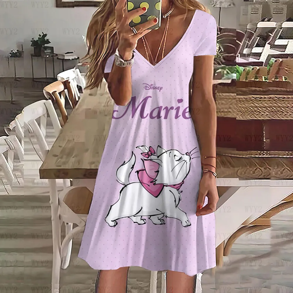 Mary Cat print women's V-neck elegant and comfortable dress summer new Disney series casual loose women's skirt