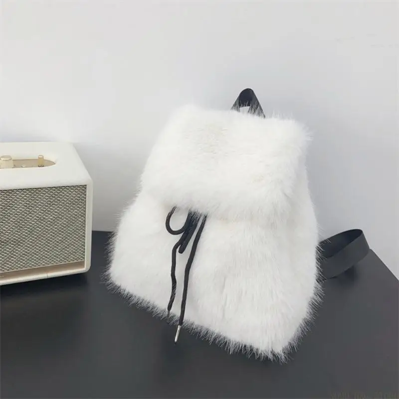

X90D Fashionable Plush Furry Small Backpack for Women Adjustable Shoulder Bag with Drawstring Closures Cover for Casual