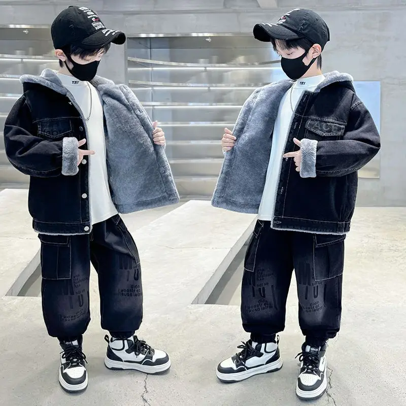 

Boys Suit Autumn Winter Boy's Fashion Jeans Student clothes Set Childrens Jacket Trousers Child with Velvet Clothes Kids Outfits