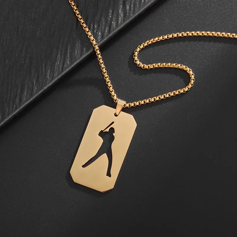 Stainless Steel Square Art Abstract Baseball Player Pendant Necklace for Men and Women Leisure Sports Activities Souvenir Gifts