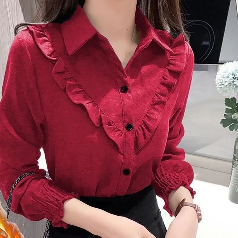 

Fashion Lapel Button Spliced Ruffles Shirt Women's Clothing 2022 Autumn New Oversized Casual Tops All-match Office Lady Blouse