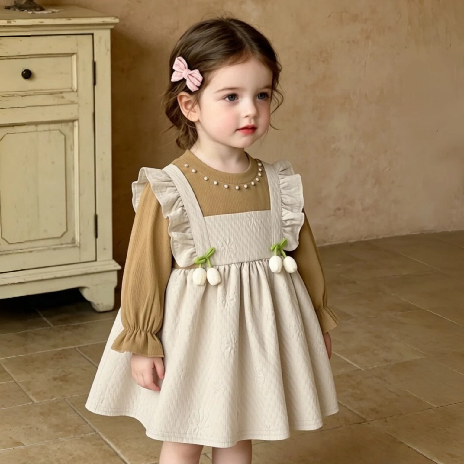 Baby Girl Long Sleeved Dress Autumn/ Winter New Sweet Ruffled French Princess Dress Girls' Daily Outings Vacation Style Dress