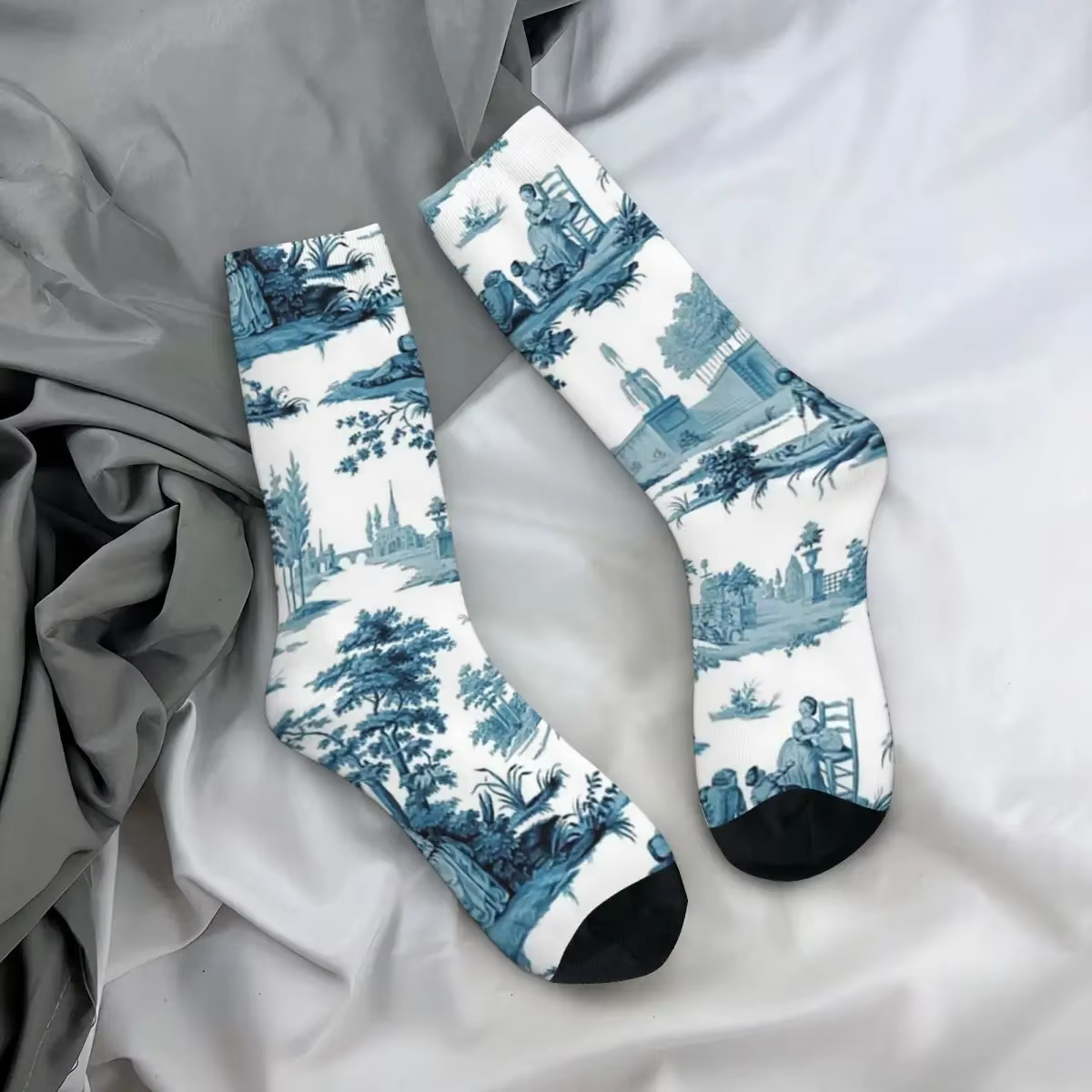 

All Seasons Crew Stockings Black And White Toile De Jouy French Motifs Floral 2 Socks Harajuku Long Socks Valentine's Day Gifts
