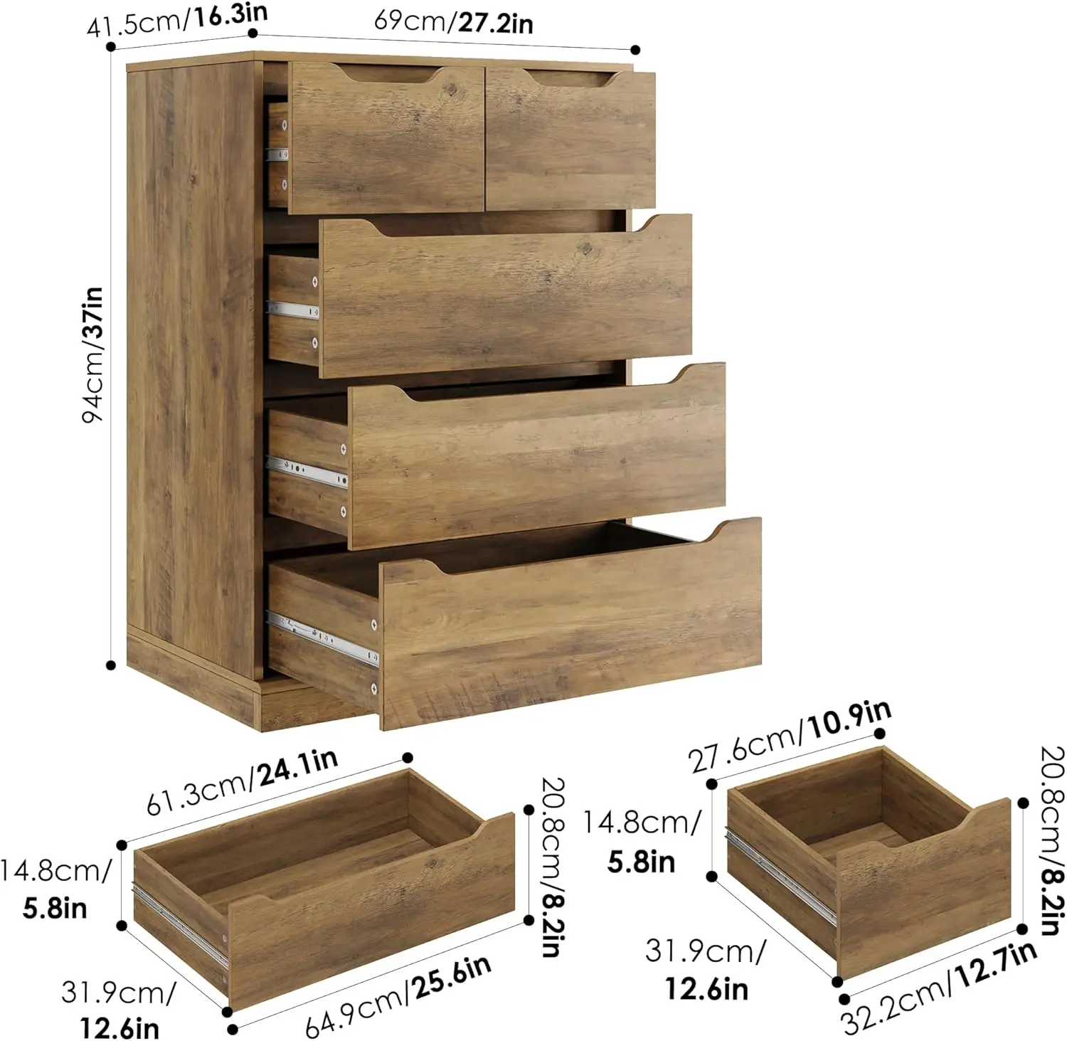 Moderne Kommode mit 5 Schubladen für Schlafzimmer, Kommode mit Stauraum, Organizer für Holzkisten