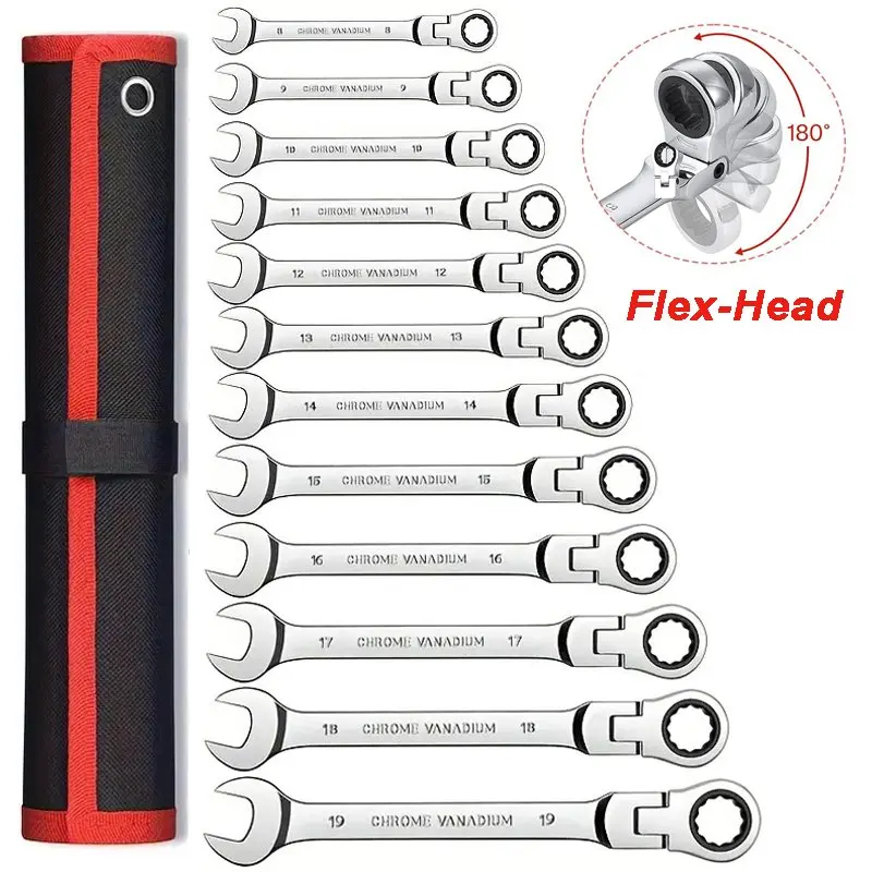 

12pcs Flex-Head Ratcheting Wrench Set with Storage Bag, 8-19mm Metric Flex-Head Ratcheting Combination Wrench Set, Cr-V Combination Ended Span Kit with Suspended Bag for Home Car Bike
