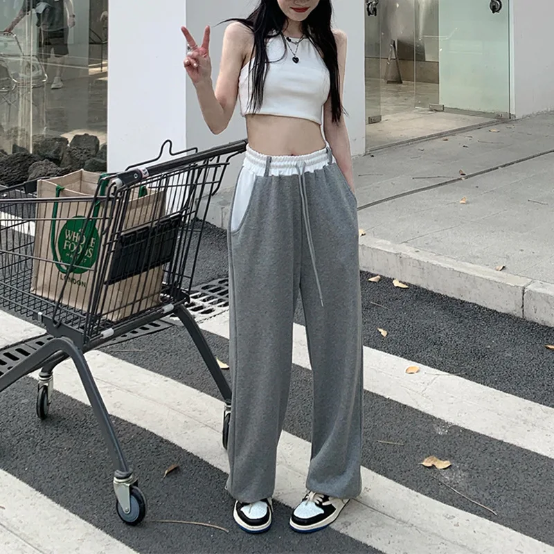 

Tide High Street Gray Drawstring Ankle-Tied Casual Pants Women Y2k Summer 2023 High Waist Fashion Loose Straight Wide-Leg Pants