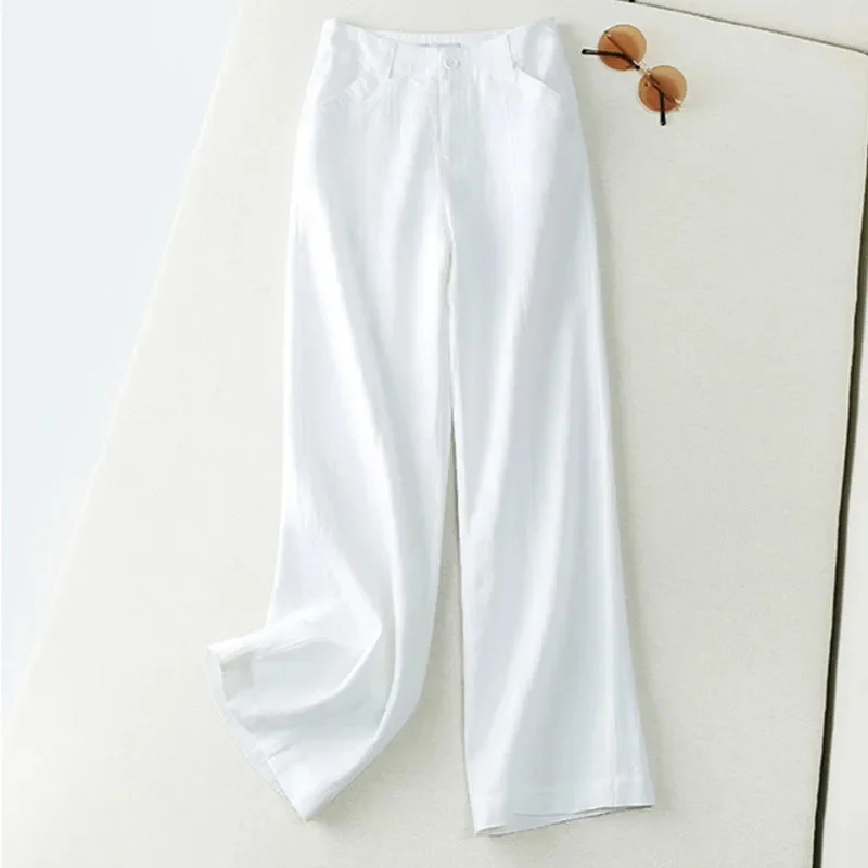 Women Cotton And Linen Wide Leg Pants Female Solid Color Loose Fitting Flax Straight Leg Trousers Ladies Leisure Flax Pantalons