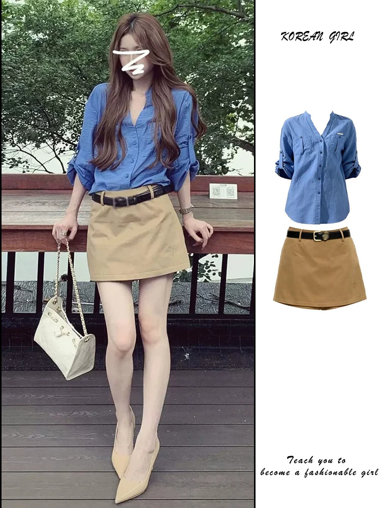 Klein Blue Women's Long Sleeve Shirt High Waist A-Line Skirt Two-Piece Set Autumn Fashion Casual Style Breathable Polyester