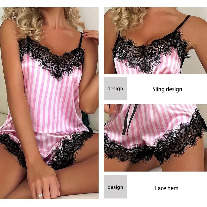 Conjunto de Pijama de Dos Piezas para Mujer, con Tirantes de Encaje, Cuello en V, Sexy, Casual, sin Mangas