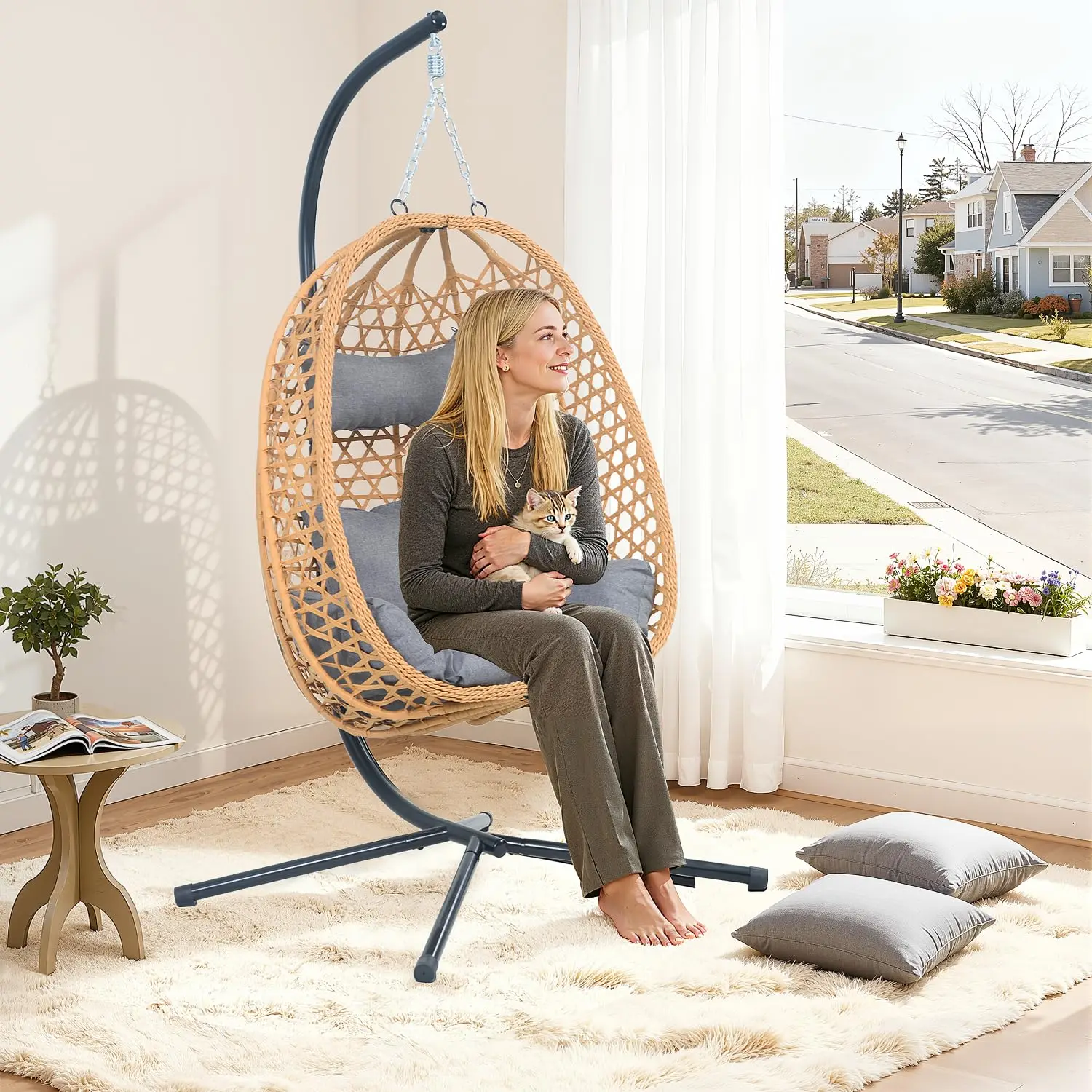 

Подвесное кресло-кокон с подставкой и подушками – всепогодное ротанговое кресло-качели для патио, балкона, сада (в современном стиле бохо, на заказ)