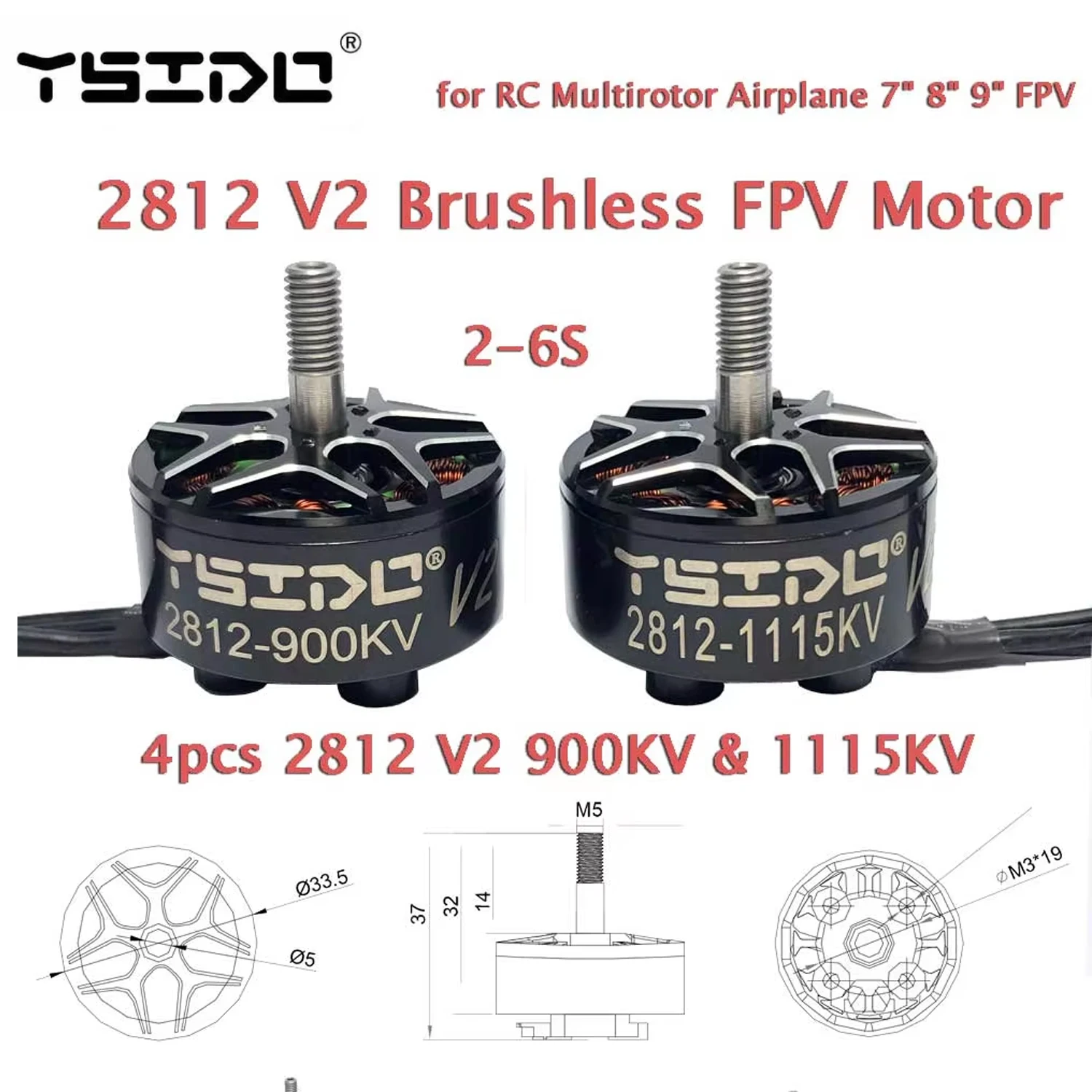 

2812 V2 Brushless FPV Motor 900KV 1115KV 3-6S 4mm Shaft for RC Multirotor Airplane 7" 8" 9" FPV Long Range Drones Motor DIY
