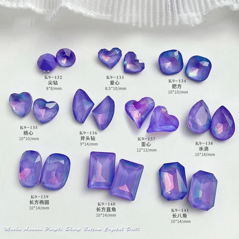 K9 Purple puntiagudo inferior corazón cristal taladros brillantes encanto diamantes de imitación Y2K manicura arte de uñas decoraciones DIY accesorios al por mayor