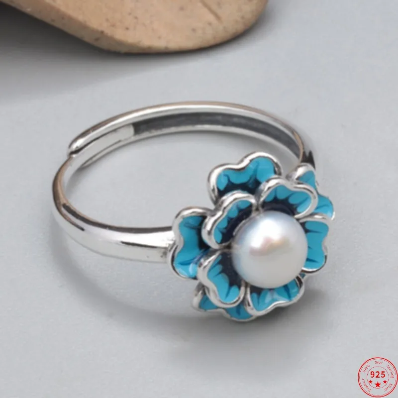 S925 Sterling Silver Rings for Women Retro Enamel Little Flower Inlaid Freshwater Pearl Adjustable New Fashion Jewelry Wholesale