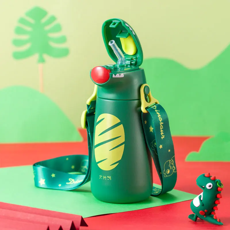 Dinosaur Shape New Cartoon Pattern Children's Straw Thermos Cup 316 Stainless Steel Portable Outdoor Carrying Water Bottle 400ml