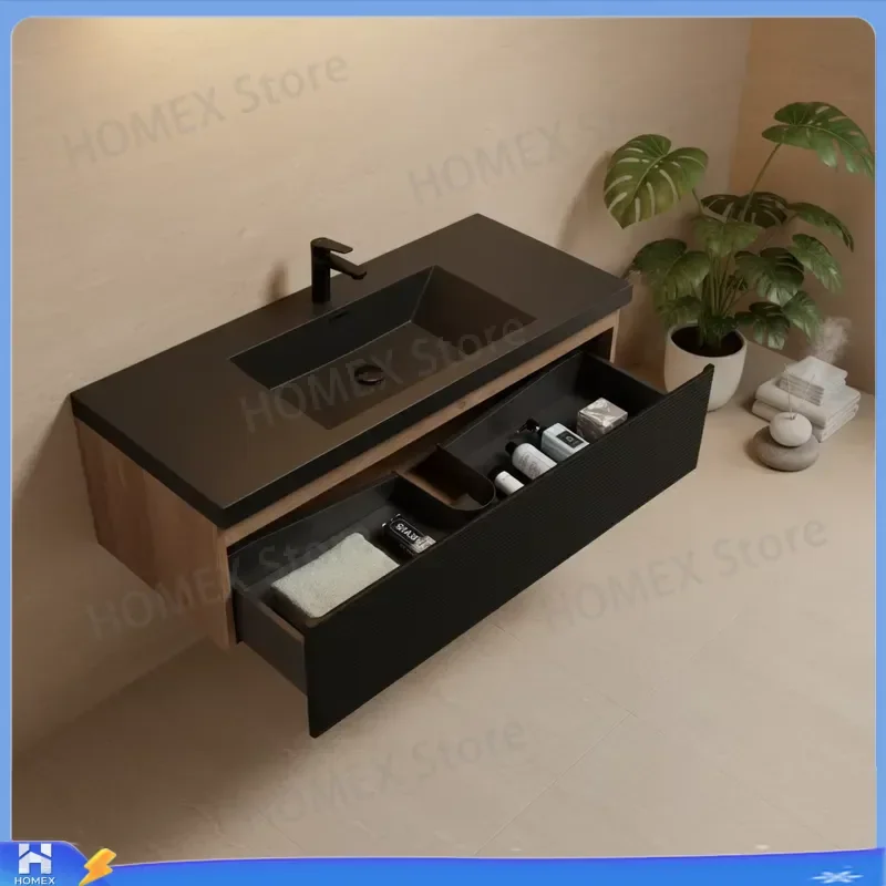 48 Inch Black Floating Bathroom Vanity Cabinet Single Sink Combo Modern Wall Mounted Washbasin Unit Storage Shelf Home Decor
