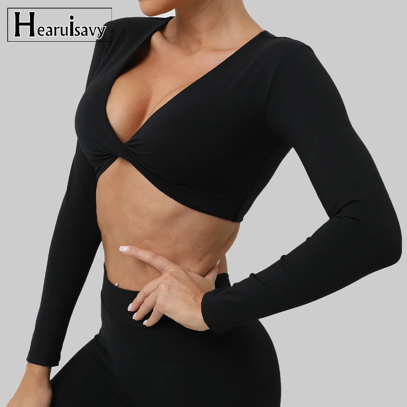 Sexy Creased Long Sleeve Crop Top Women Yoga Clothing Quick Dry Gym Long Sleeved Shirt Women Running Workout Sportswear Female