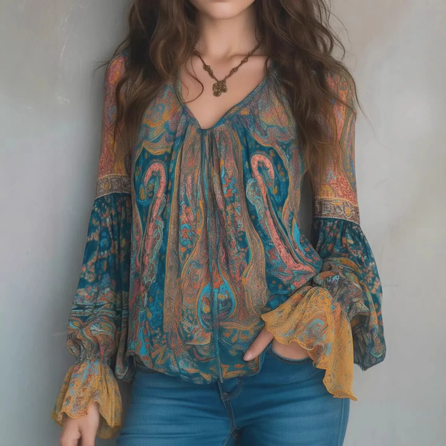 Blus Wanita Motif Paisley Biru Harian, Atasan Vintage Seksi V-Neck Lengan Panjang Model Flare, Gaya Liburan 2026, Blus Bohemian Terbaru