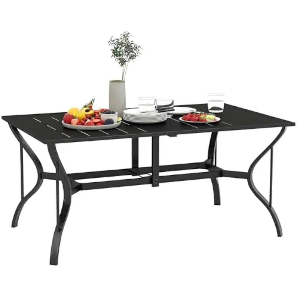 

Outdoor Dining Table For 6 People, Steel Rectangular Patio Table With Umbrella Hole, Steel Frame For Garden,