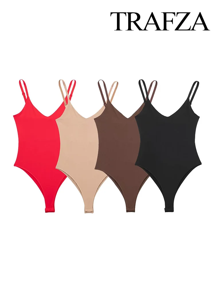 

TRAFZA 2024 Sexy Jumpsuit For Women Summer Stretch V Neck Sleeveless Snap-Fastener Slim Solid Chic Suspender Bodysuit Mujer TRAF