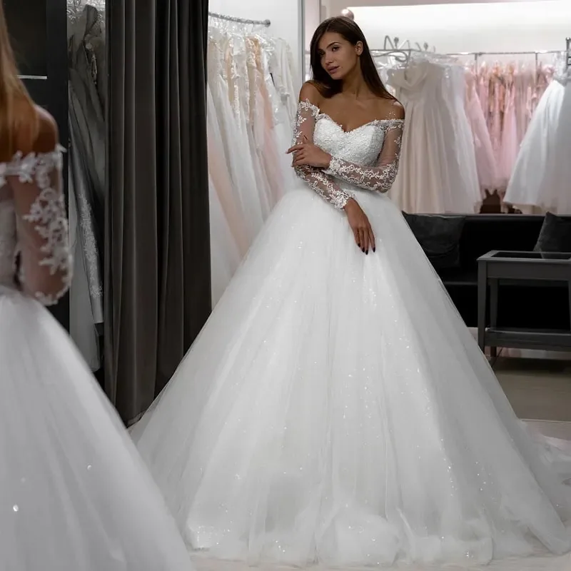 

Элегантное бальное платье принцессы, свадебные платья 2026, милое свадебное платье с длинными рукавами, блестящие блестки, индивидуальное платье Vestido De Novia