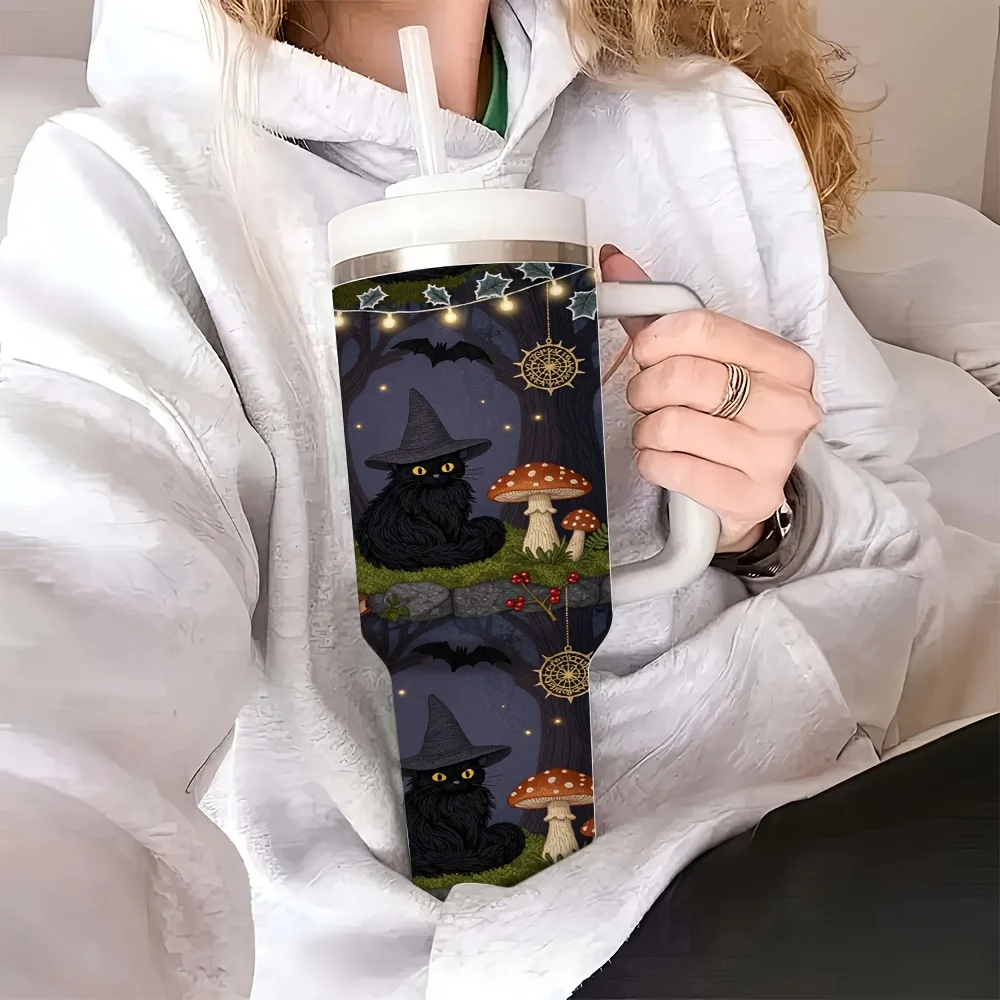 1ps Halloween and Christmas Spooky Black Cat Witch Mushroom Forest Print 40oz Insulated Tumbler with Handle and Straw, Reusable Stainless Steel Water Cup for Home Office Outdoor Travel Holiday Party Drinkware