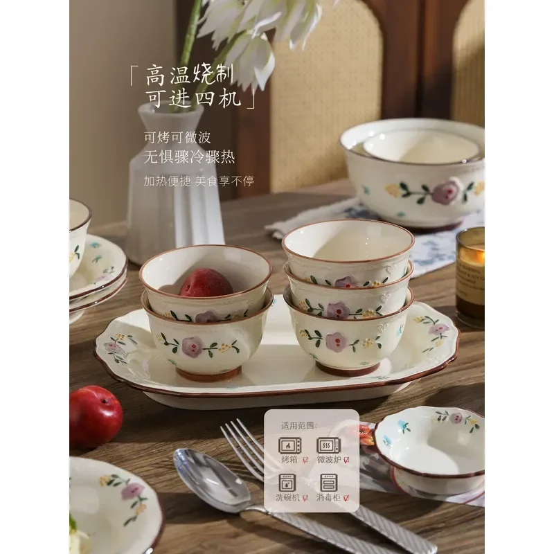 Retro Relief Flower Ceramic Dishes Set Household Underglaze Tableware Combination Housewarming Gift