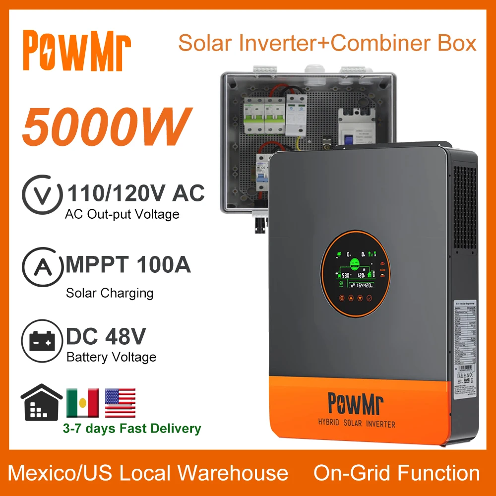 PowMr 5000W On-Grid Solar Inverter 48V DC to 110V/240V AC Split Phase Built In 100A MPPT Controller Use With PV Combiner Box 25A