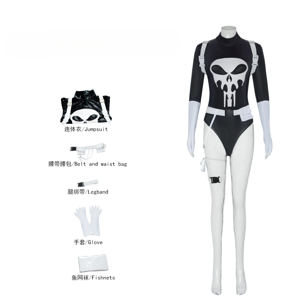 Movie The Punisher Middle Sleeve Jumpsuit Cosplay Costume Halloween Masquerade Carnival Dress Up Party Outfits for Women