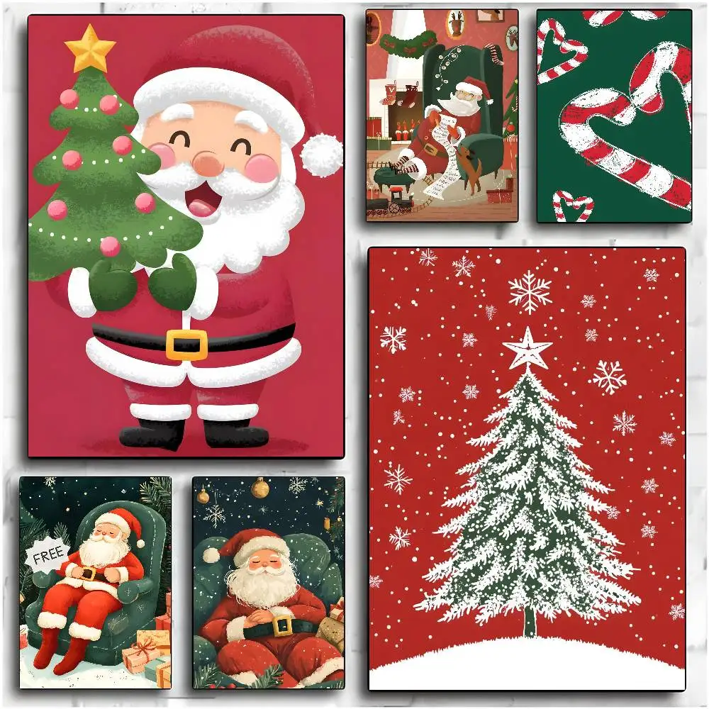 Santa Claus And The Christmas Tree Poster Art With Prints Home Bedroom Living Room Decoration Gift