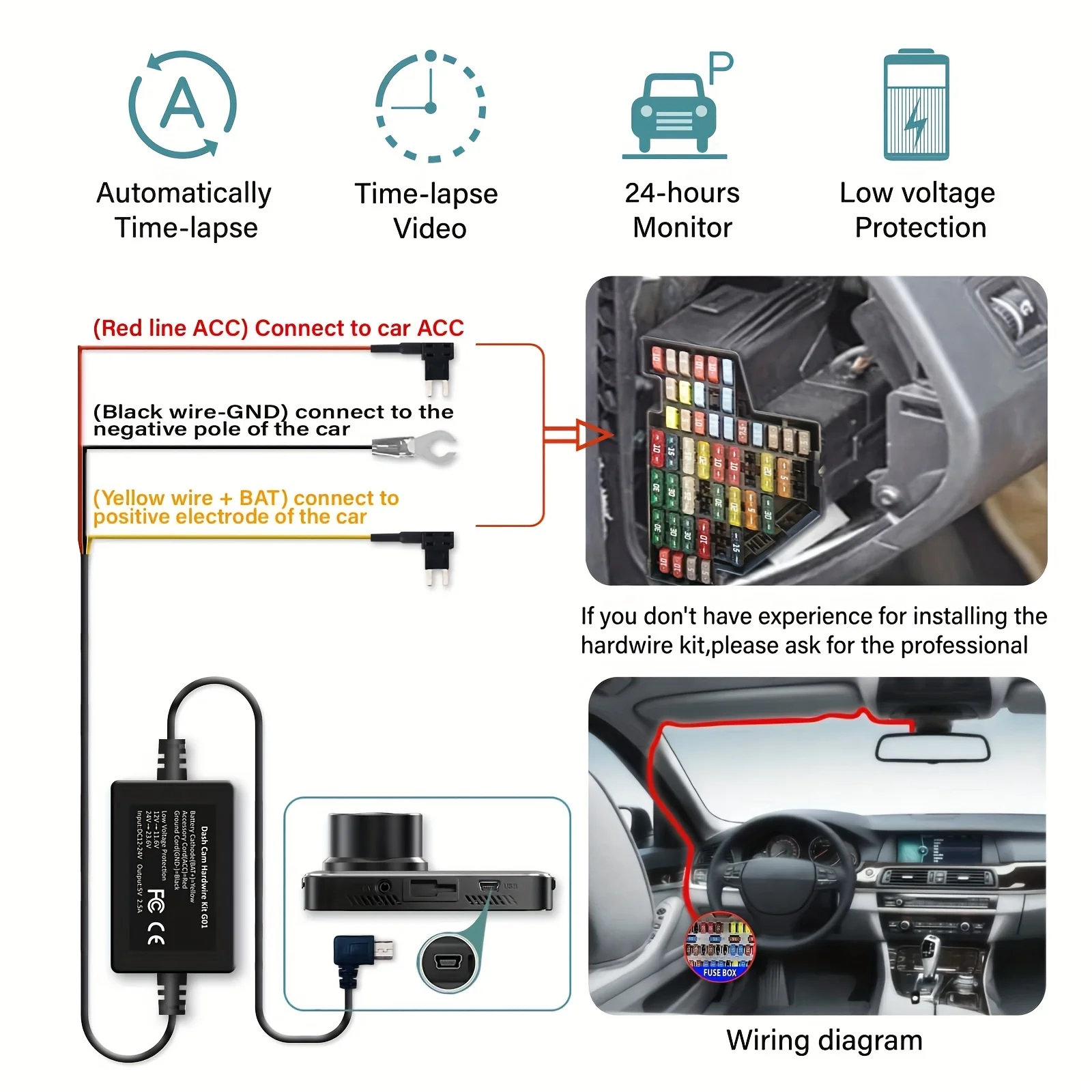 24/7 Parking Monitor & Time-Lapse Recording Dash Cam Hardwire Kit - 12V-24V To 5V/2A Mini USB Interface (11.5ft Length)