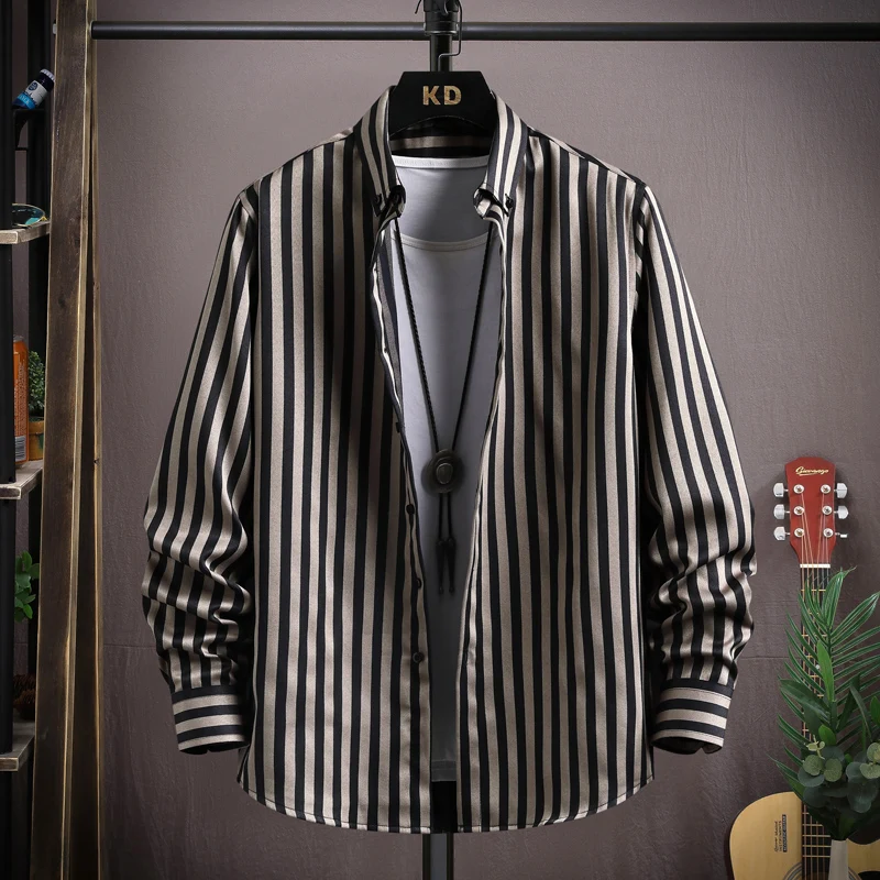 

Casual Striped Long Sve irt Men's Spring Summer Loose Fit Iron-Free Trendy Youth Polyester Blend Faionable Outerwear