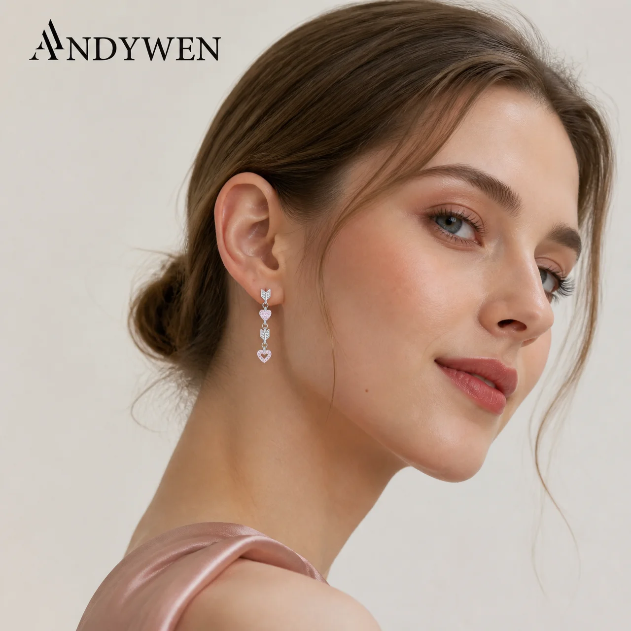 ANDYWEN 925 Sterling Silver Heart Valentine Love Drop Earrings with Pink CZ Zircon 2025 Women Valentine Fine Jewelry Gift