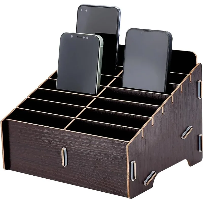 

14 Compartment Detachable Wooden Mobile Phone Storage Box Coconut Brown Mobile Phone Storage Box Multi-Compartment Organizer