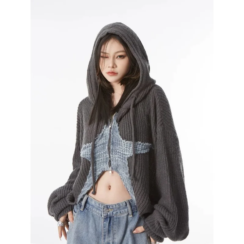 Deeptown Y2k Vintage Cropped Star Sweater Women Korean Style Grunge Knit Cardigan Kpop Zipper Knitwear Gyaru Streetwear Autumn